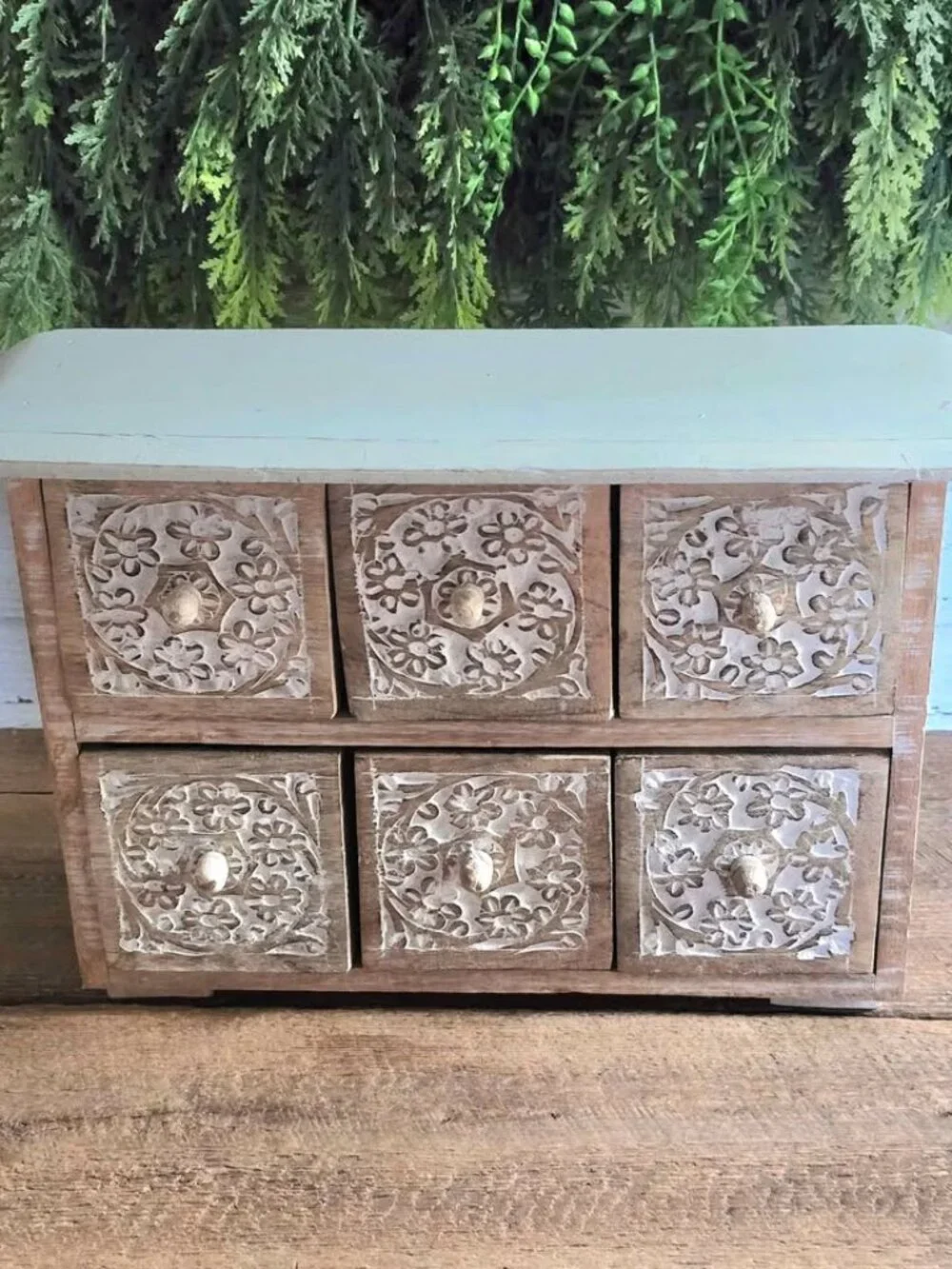 White & Brown Carved Miniature Apothecary Chest Drawers Jewelry Trinket Storage